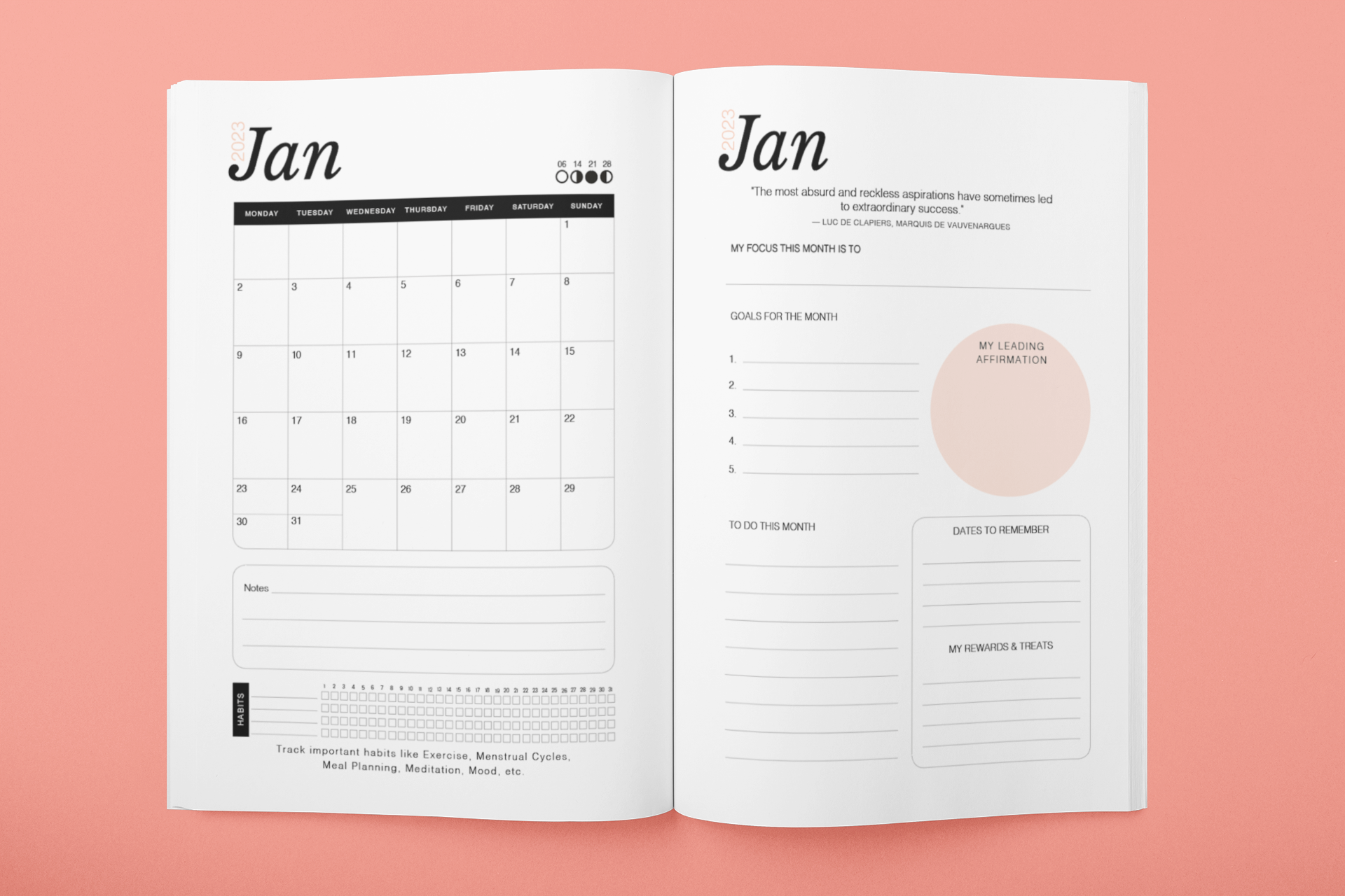 90-Day Planner and Mini Journal to help you get organized, focused and reach your goals. Contains monthly calendar view in 90 day increments, weekly pages, review pages, accomplishments and insights page. MindMap, wellness wheel and moon cycles. 